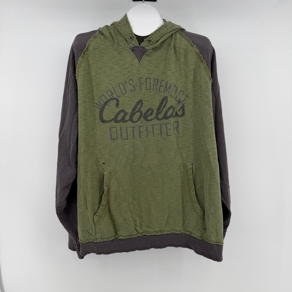 Cabela's Hoodie XL Green World's Foremost Outfitter Distressed Raglan Thrashed